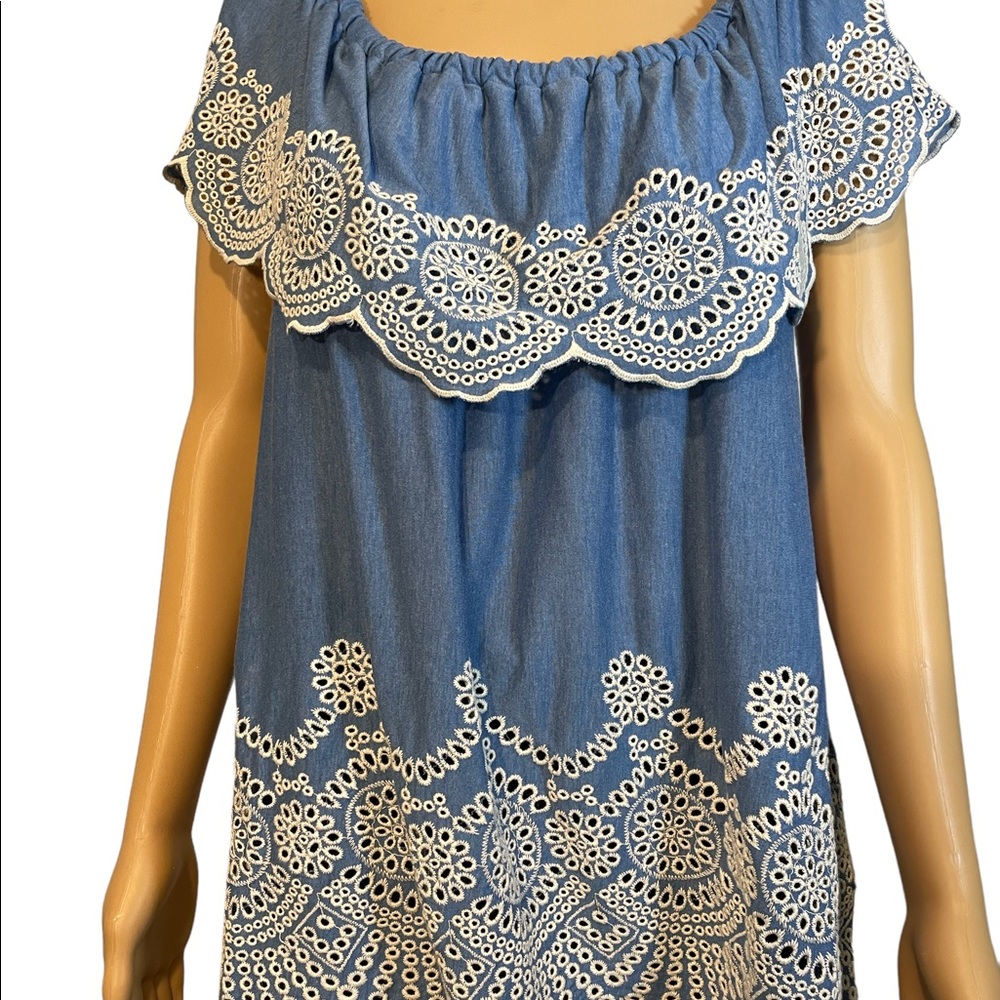 Fever Blue Off-Shoulder Tunic with White Lace Trim
